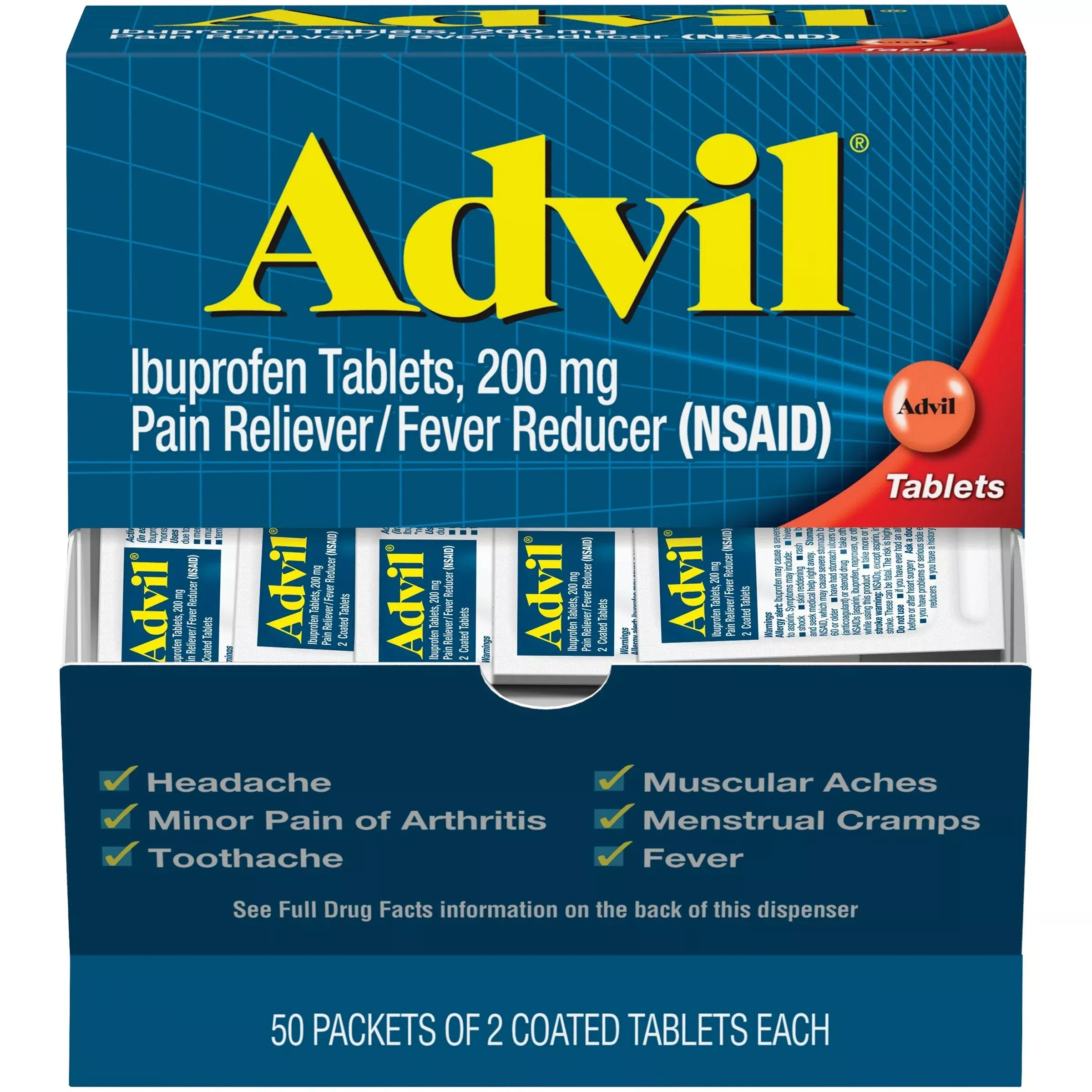 Advil Ibuprofen Pain Relief Tablet, 200 mg, 50 packets