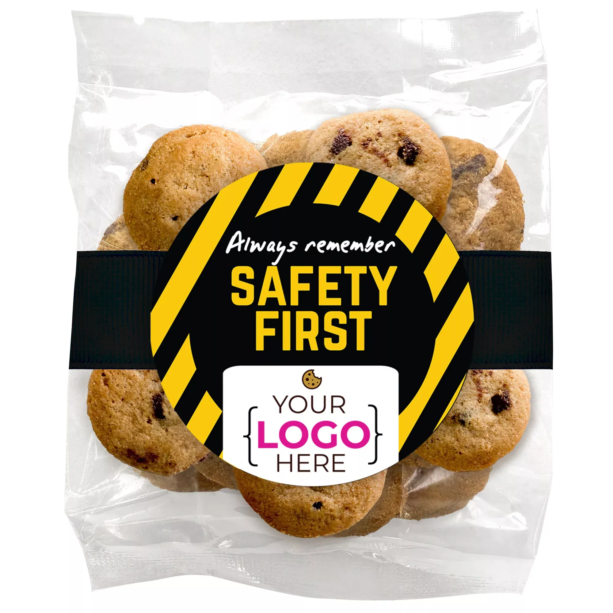 Always Remember Safety First Logo Upload - Chocolate Chip Mini Cookies (2 oz) W/ Full Color Custom Sticker & Ribbon