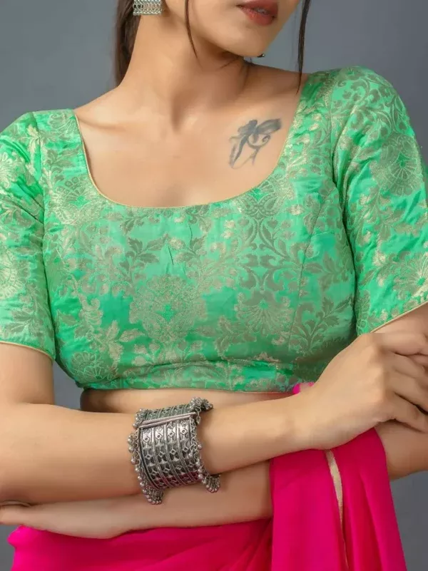 Amodini Designer Studio Women's Banarsi Brocade Rama Green Blouse - 32