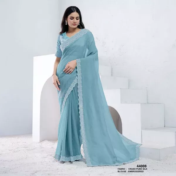 Aqua Blue Crush Pure Silk Diamond With Hand Work Saree With Unstitched Blouse - Norita Swaraa