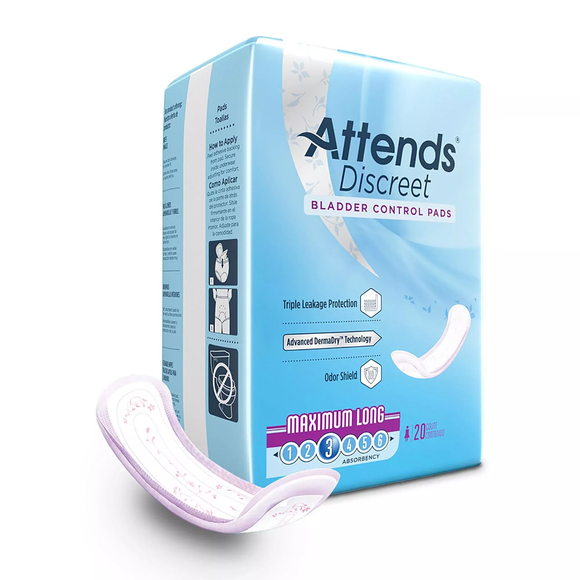 Attends Discreet Women's Maximum Long Bladder Control Pad, 14.5" Length, 20 ct