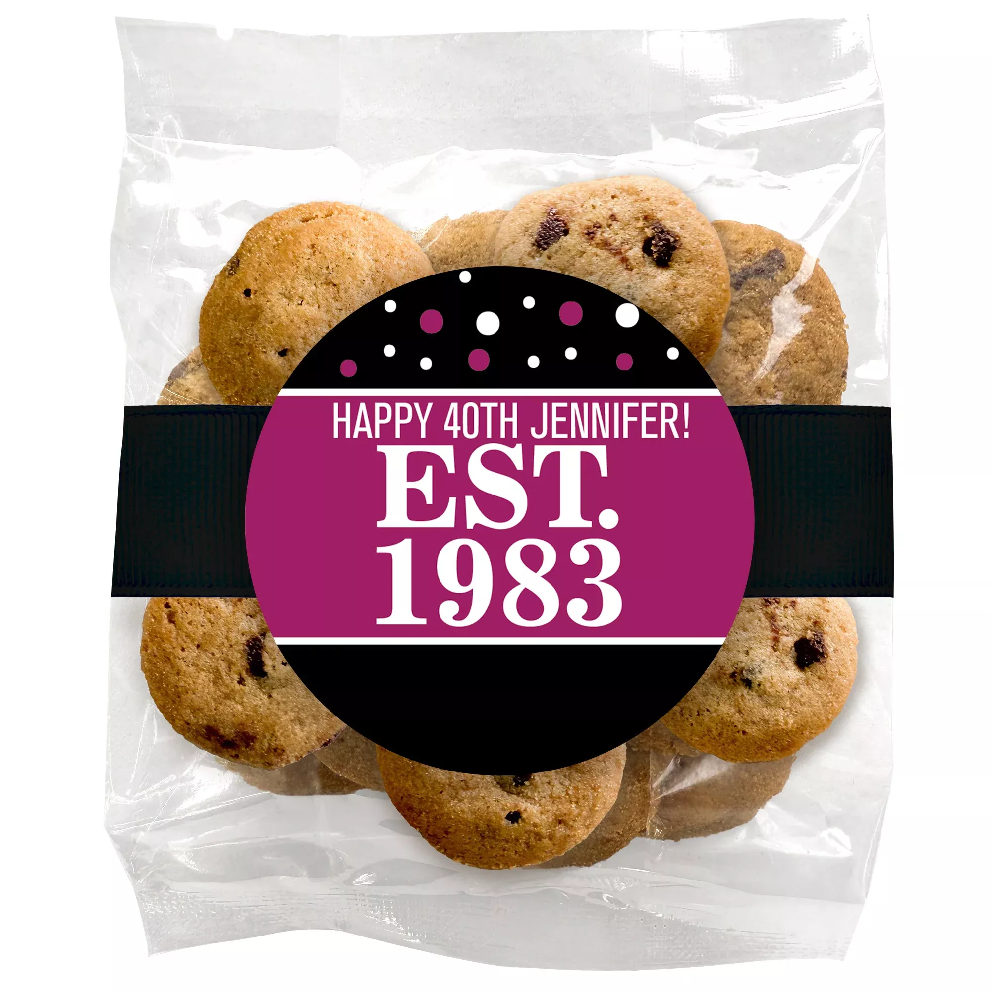 Birthday Est. Year Pink (any age) - Chocolate Chip Mini Cookies (2 oz) W/ Full Color Custom Sticker & Ribbon