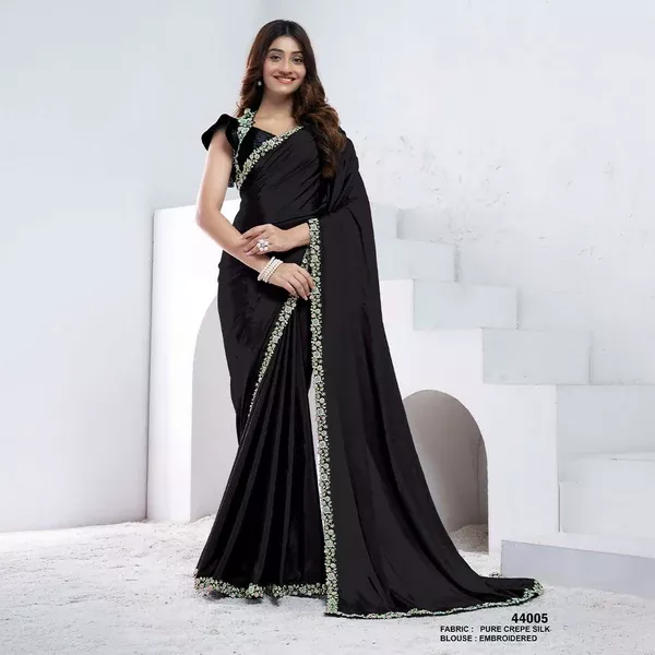 Black Pure Crepe Silk Diamond With Hand Work Saree With Unstitched Blouse - Norita Swaraa