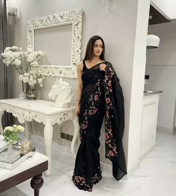 Black Shimmer Silk Multi Thread Sequence Embroidery Work Saree - Kashta