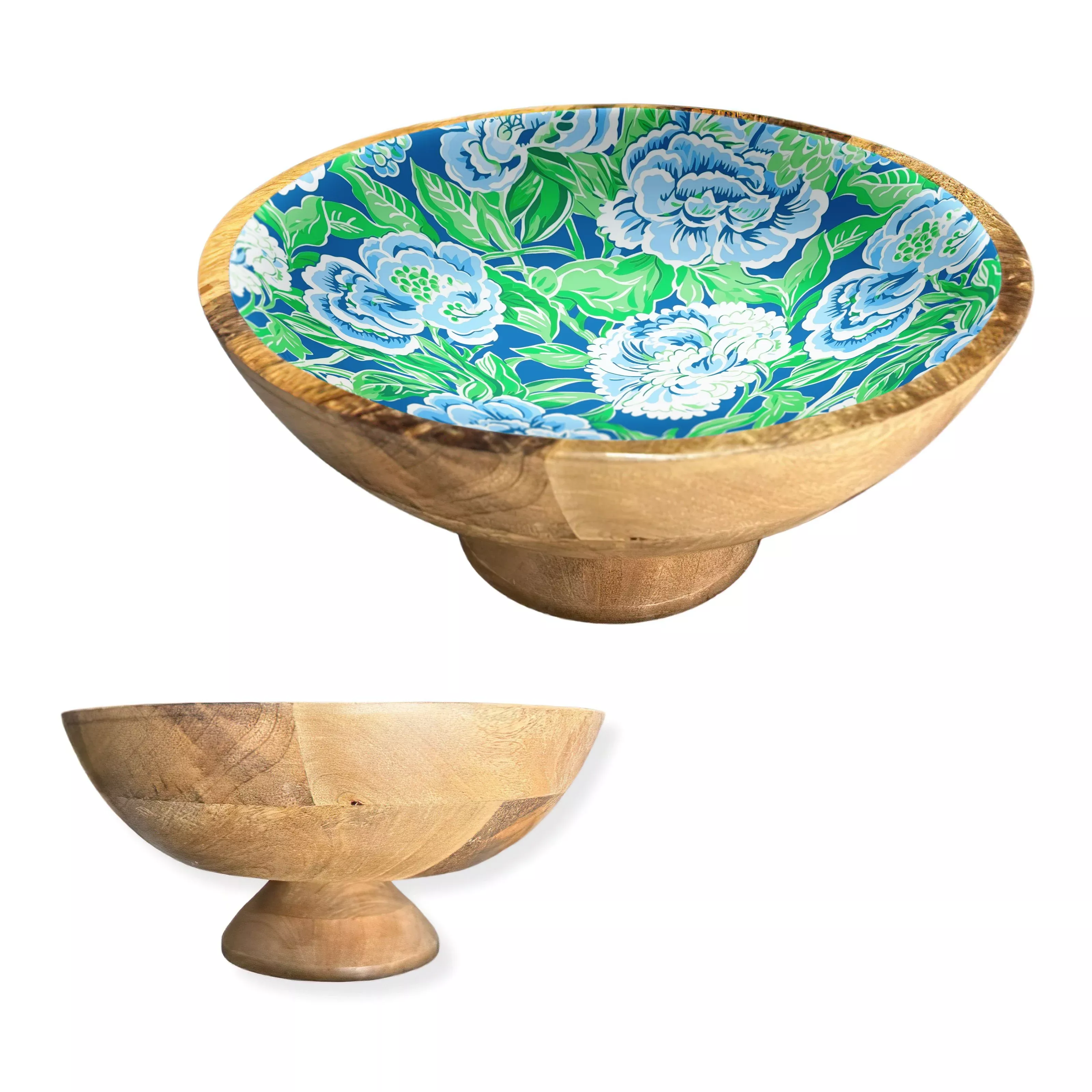 Blue & Green Floral Decorative Pedestal Bowl – 12"