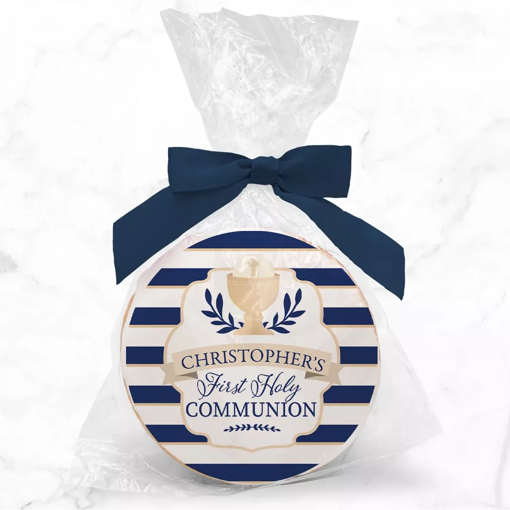 Blue Stripes Communion - Personalized Direct Print On Round Sugar Cookie w/ Gift Bag & Matching Bow