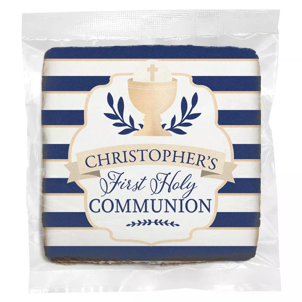 Blue Stripes Communion - Personalized Direct Print on Square Sugar Cookies