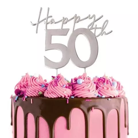 Cake Topper | Happy 50th | Silver Metal