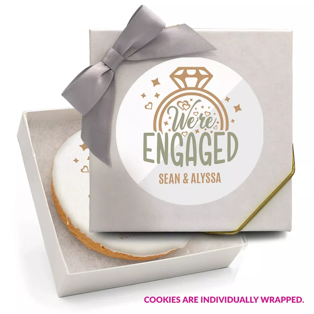 Engagement Ring Bling - Personalized Direct Print On Round Sugar Cookie w/ Matching Personalized Favor Box, Sticker & Bow Choice