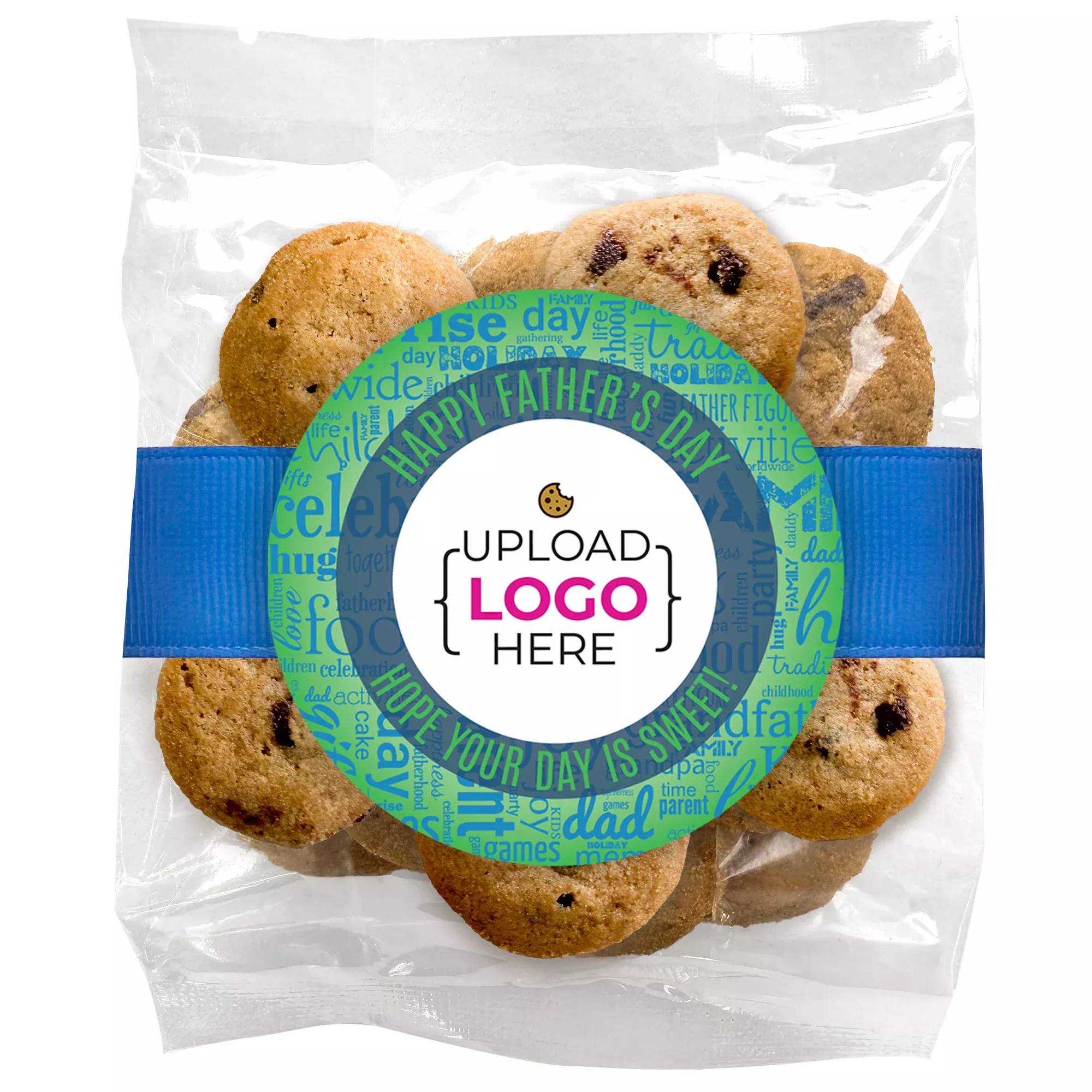 Father's Day Logo Upload - Chocolate Chip Mini Cookies (2 oz) W/ Full Color Custom Sticker & Ribbon