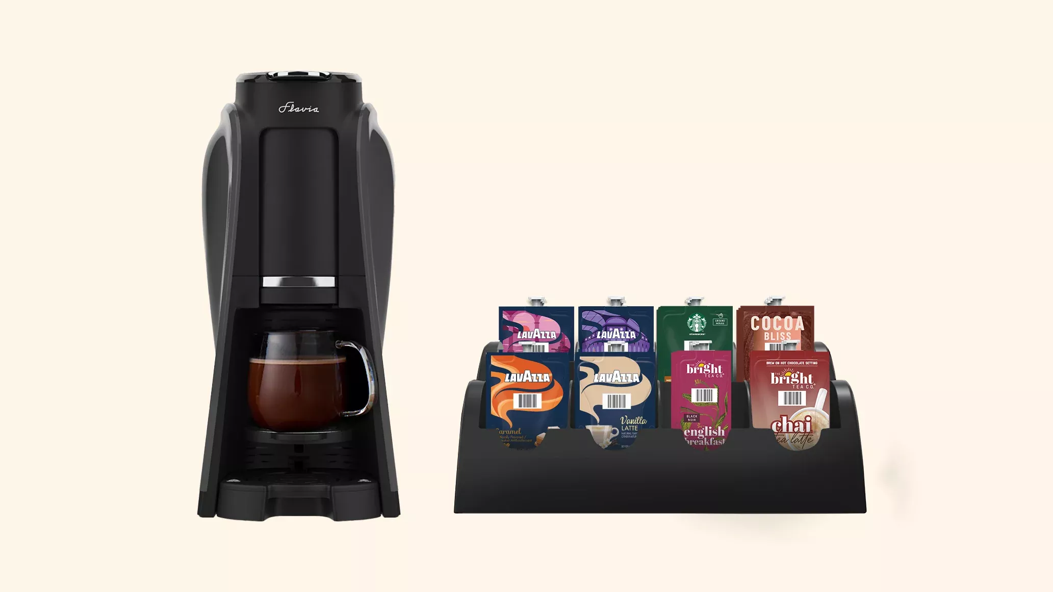 Flavia Aroma Brewer Bundle with 84 Freshpacks and 1 Merchandiser with Starbucks