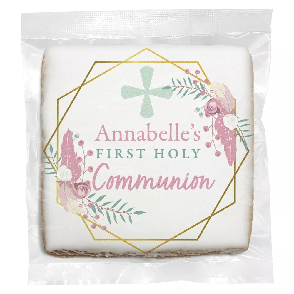 Florals and Feathers Communion - Personalized Direct Print on Square Sugar Cookies