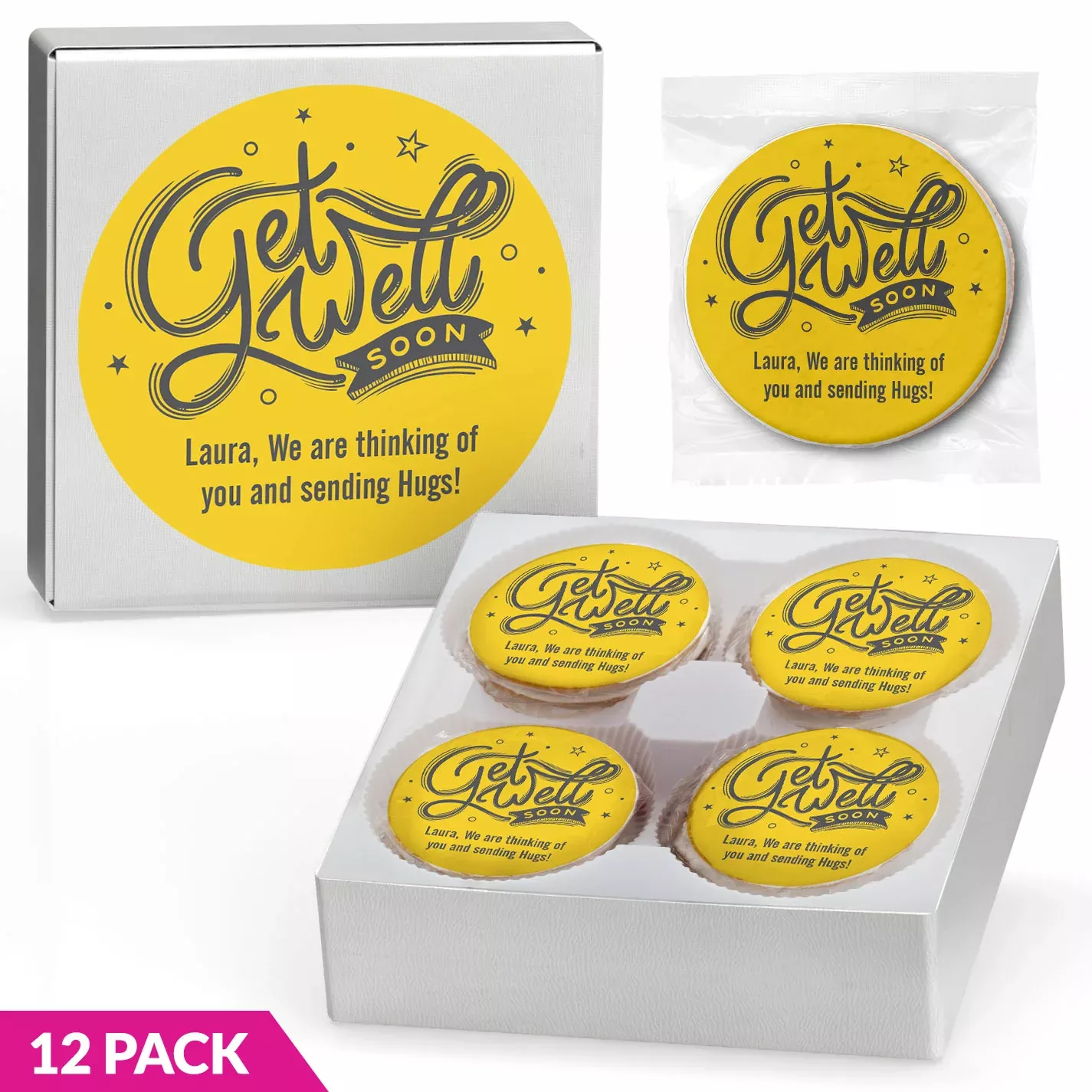 Get Well Soon Message & Color Choice - Personalized Direct Print on Round Sugar Cookie Gift Box