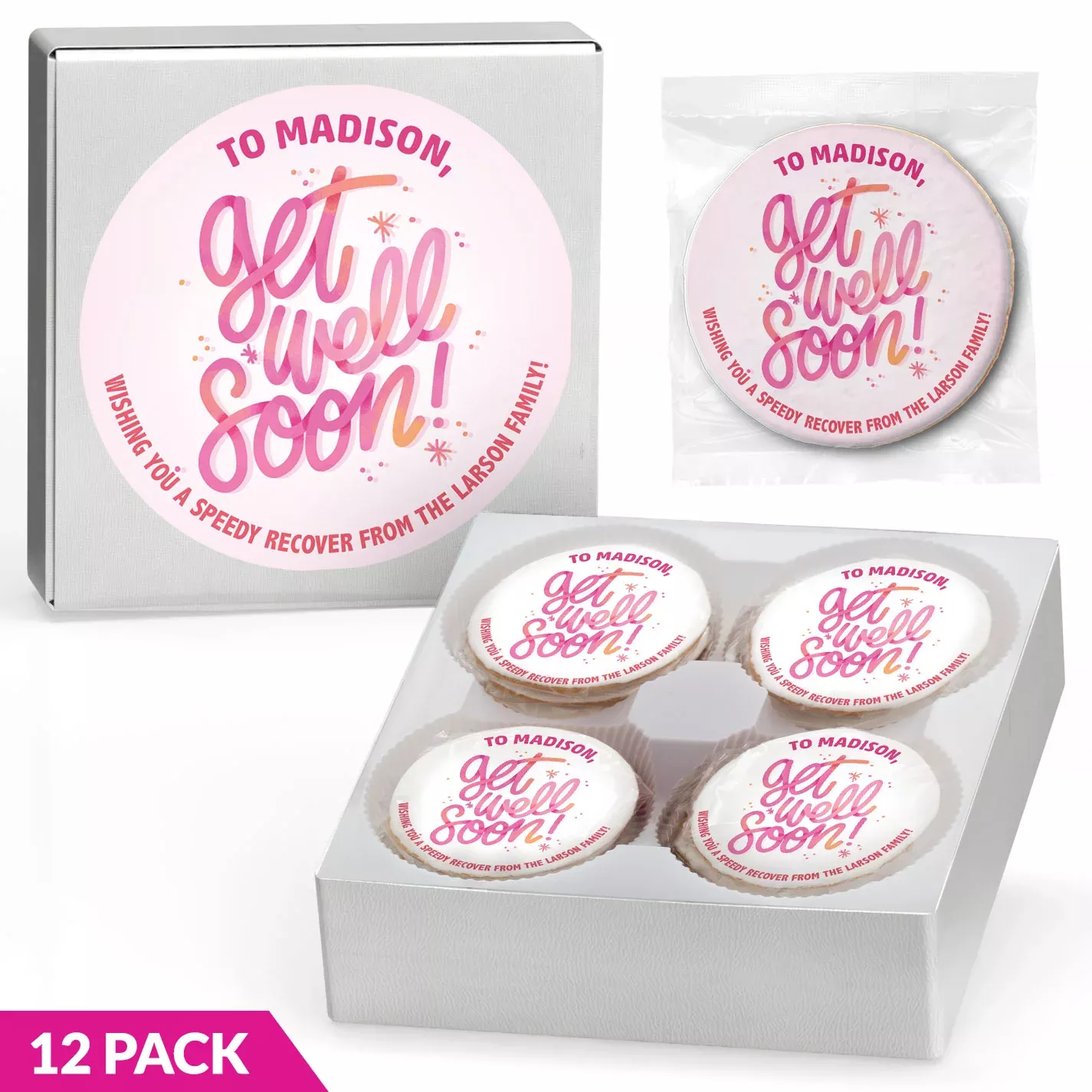 Get Well Soon Pink Gradients - Personalized Direct Print on Round Sugar Cookie Gift Box