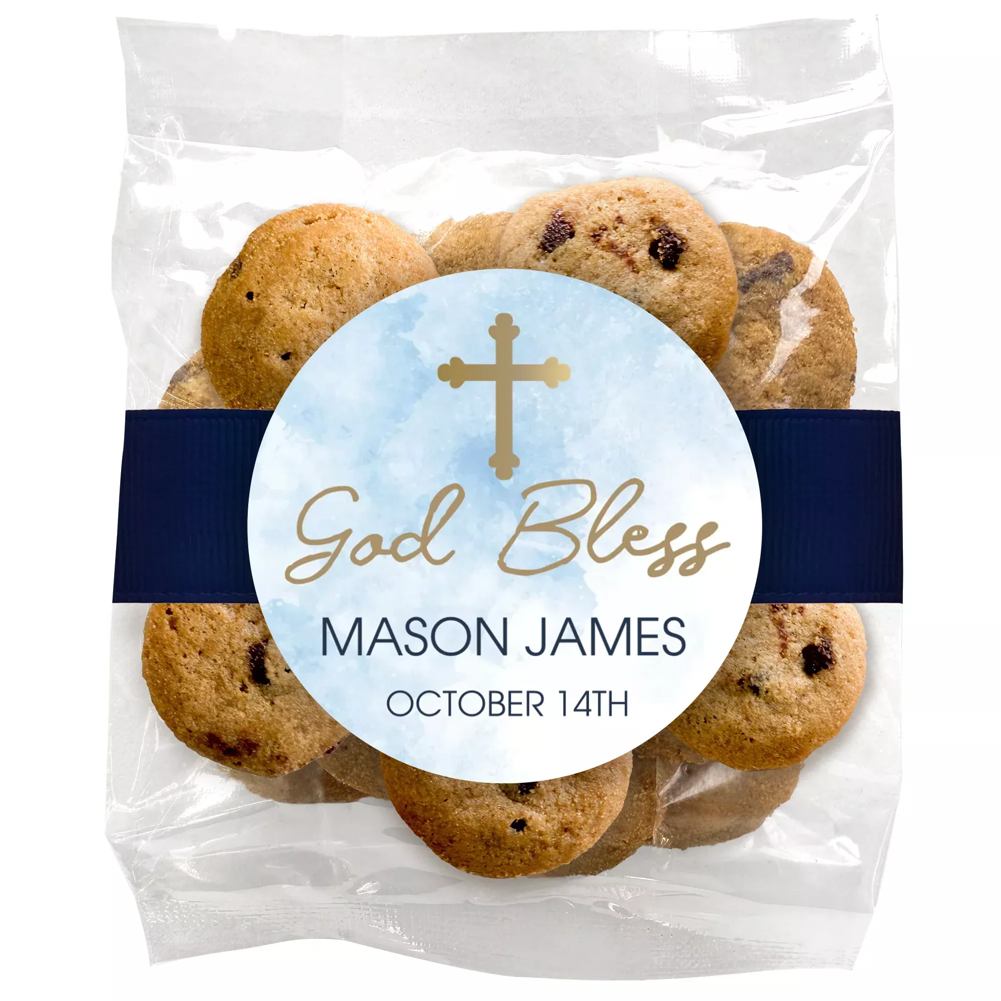 God Bless Blue Clouds - Chocolate Chip Mini Cookies (2 oz) W/ Full Color Custom Sticker & Ribbon