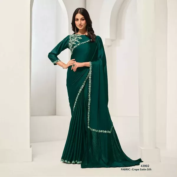 Green Crepe Satin Silk Handwork Saree With Unstitched Blouse - Norita Saanjh