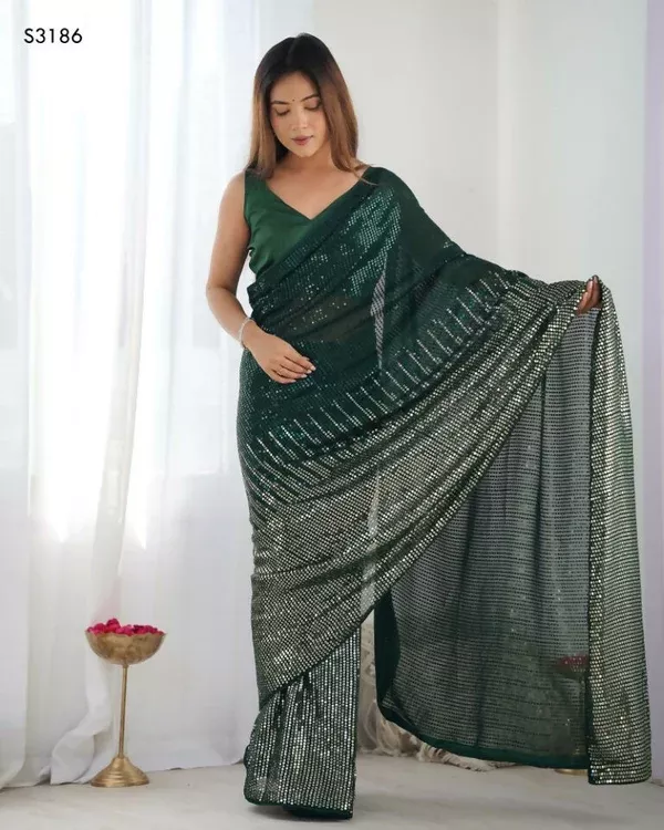 Green Georgette Designer Sequence Embroidery Work Saree - Sitare