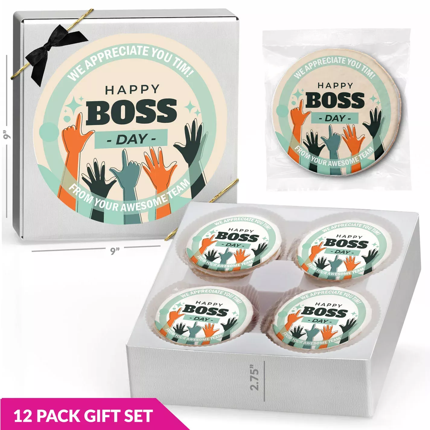 Happy Boss Day Raised Hands - Personalized Direct Print on Round Sugar Cookie Gift Box