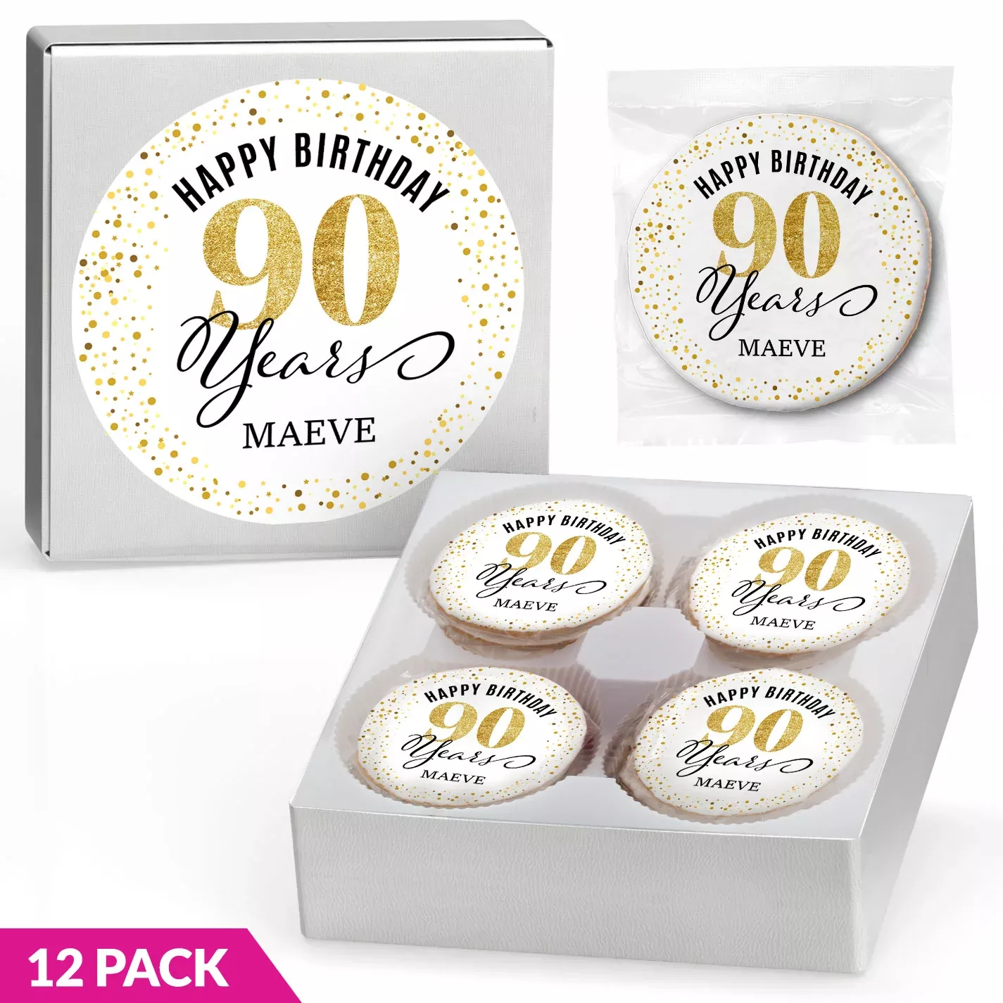 Happy Milestone Birthday Gold (Age Choice)- Personalized Direct Print on Round Sugar Cookie Gift Box