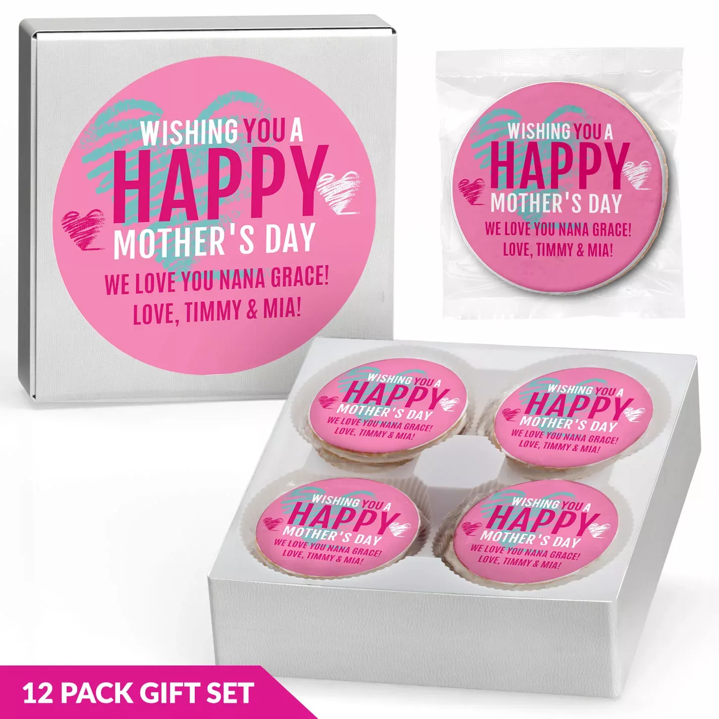 Happy Mother's Day Scribble Hearts - Personalized Direct Print on Round Sugar Cookie Gift Box