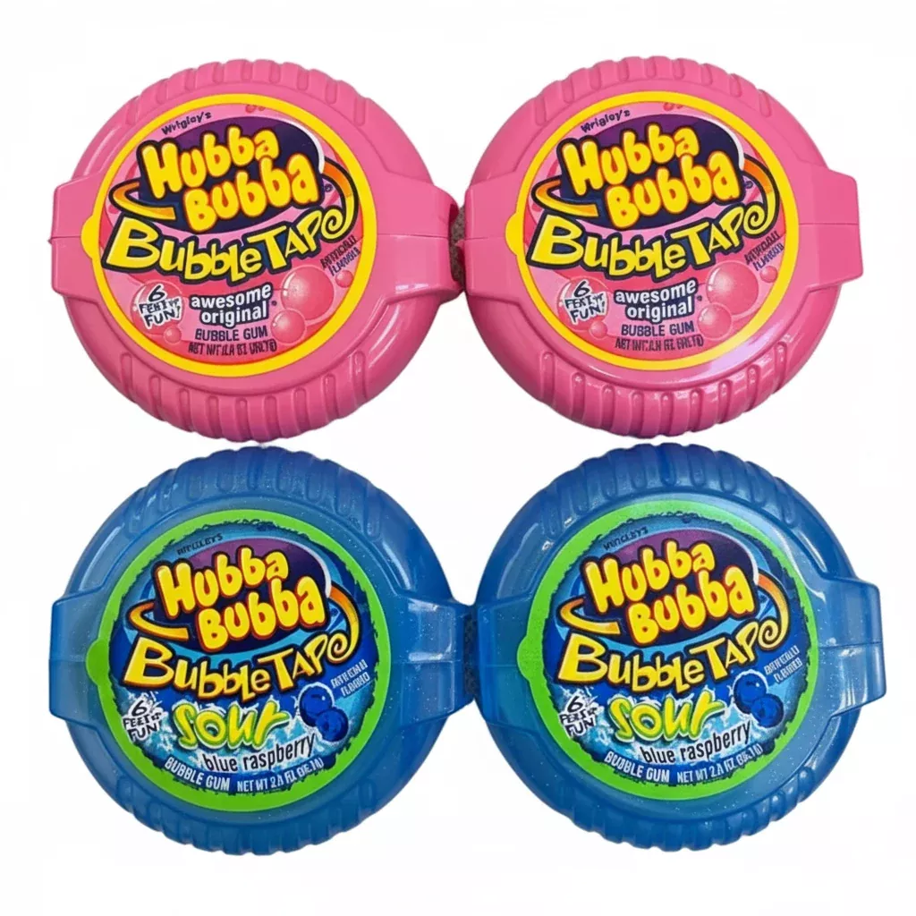 Hubba Bubba Bubble Tape Original & Sour Blue Raspberry Bundle – 2 Flavor Pack of 4