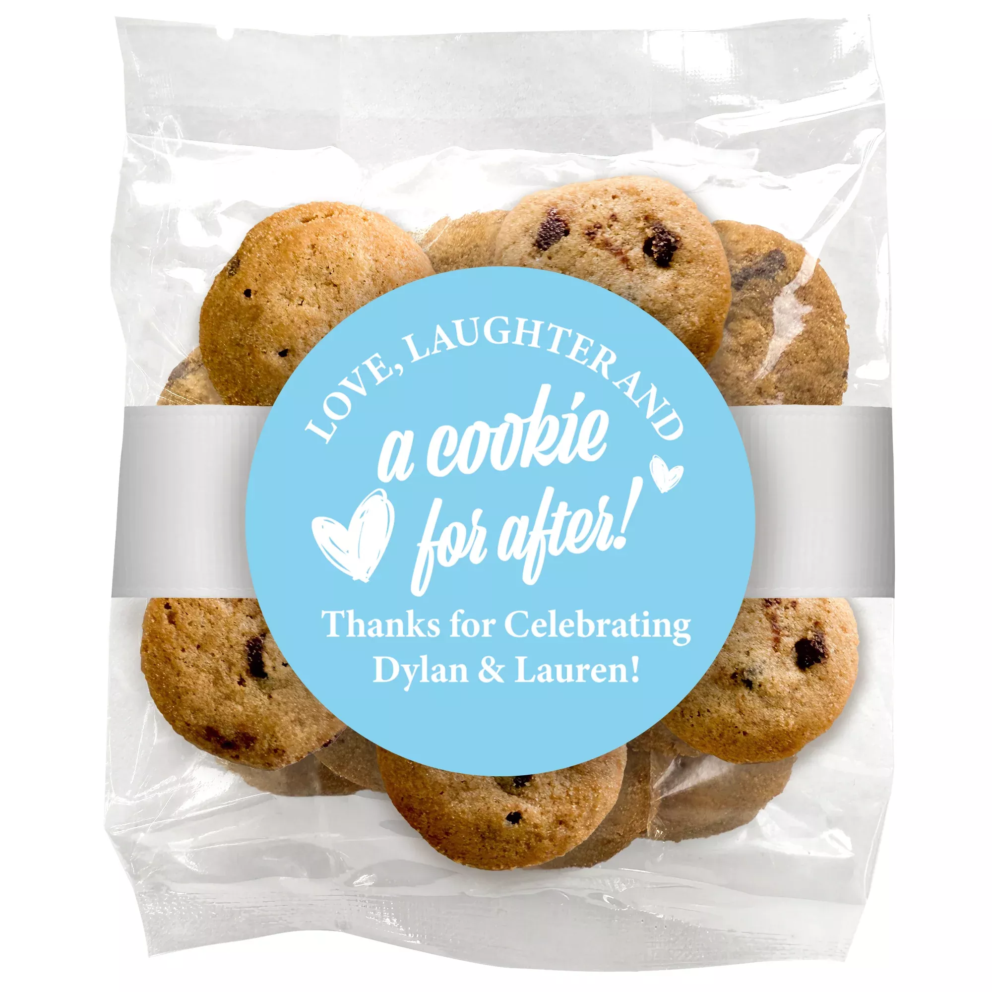 Love, Laughter & a Cookie for after Chocolate Chip Mini Cookies (2 oz) W/ Fu - ll Color Custom Sticker & Ribbon