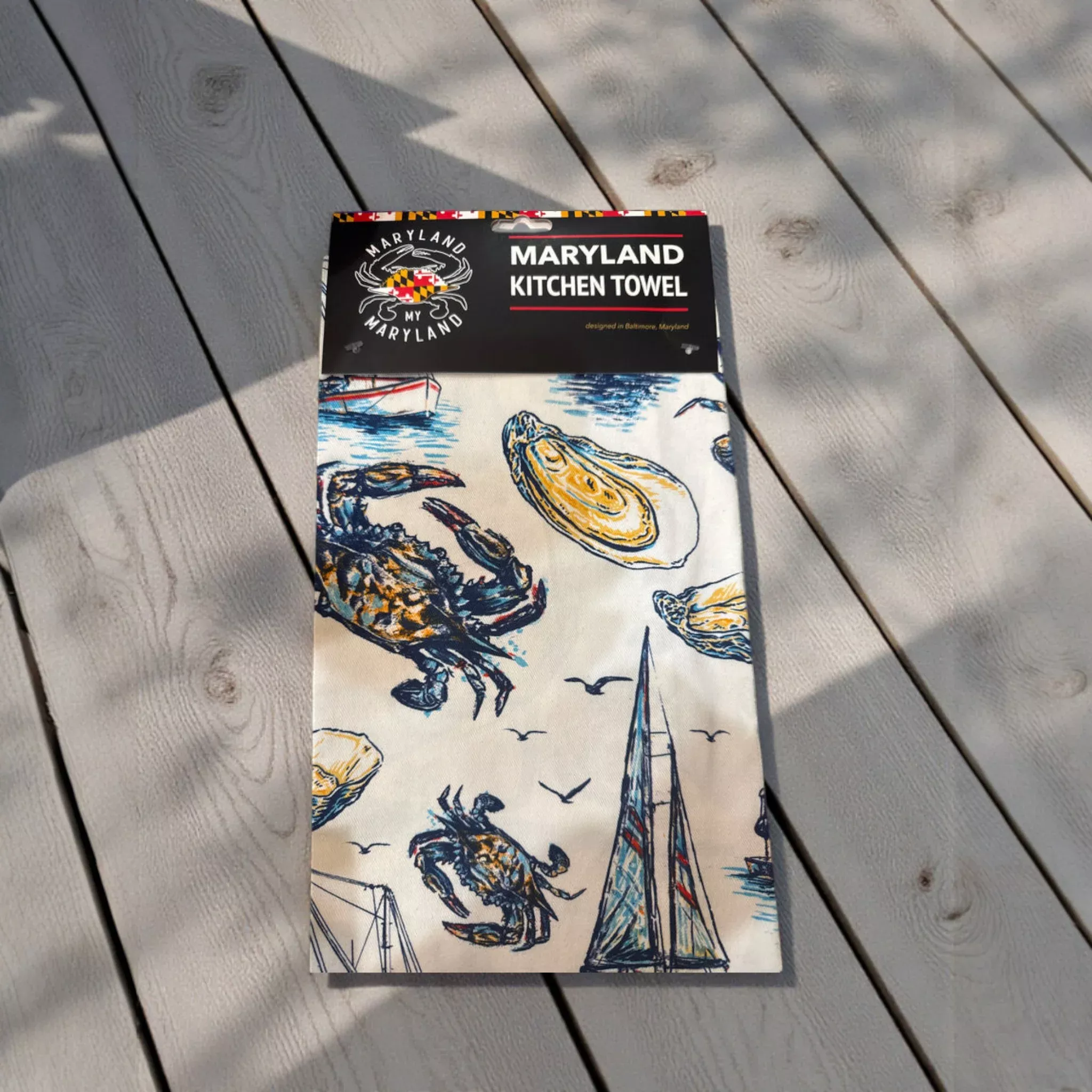 Maryland Kitchen Towel MD Crab, boat, oyster