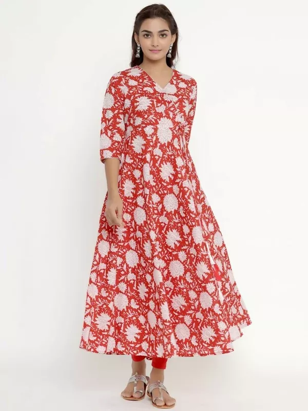 Miravan Women's Cotton Floral Printed Anarkali Kurta - S