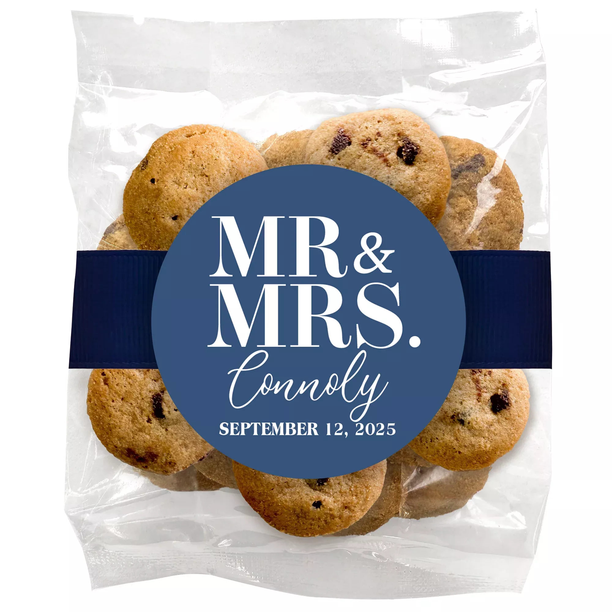 Mr. & Mrs. - Chocolate Chip Mini Cookies (2 oz) W/ Full Color Custom Sticker & Ribbon