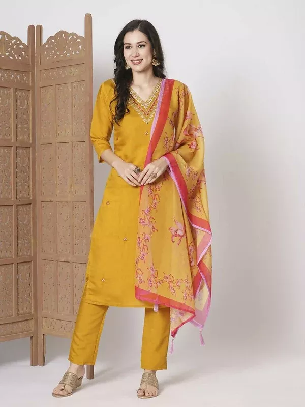 Mustard Viscose Chanderi Embroidery Work, Printed Kurta Set - Riya - S