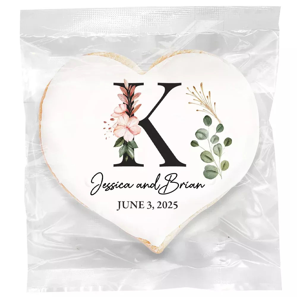 Muted Floral Monogram- Personalized Direct Print On Heart Sugar Cookie