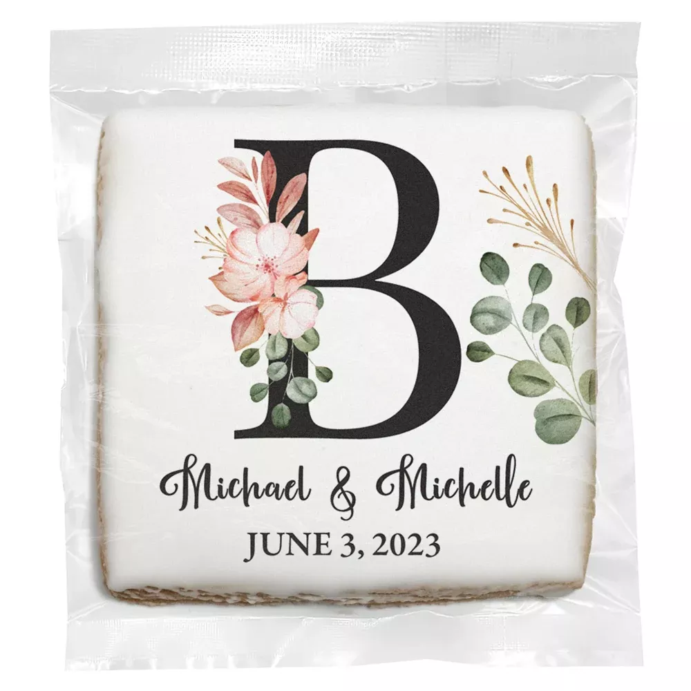 Muted Floral Monogram - Personalized Direct Print on Square Sugar Cookies