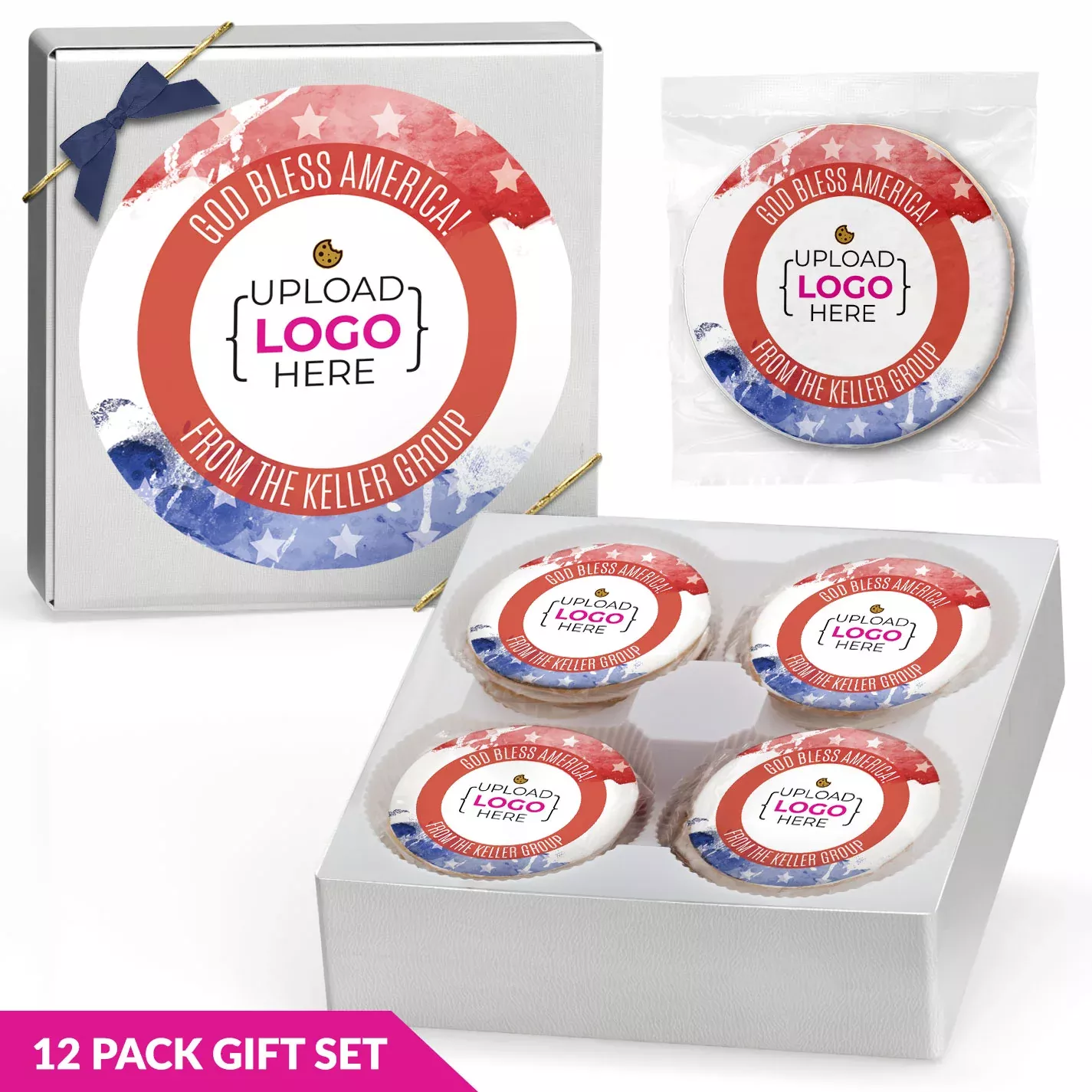 Personalized Patriotic Logo Upload - Personalized Direct Print On Round Sugar Cookie w/ Gift Bag & Matching Bow