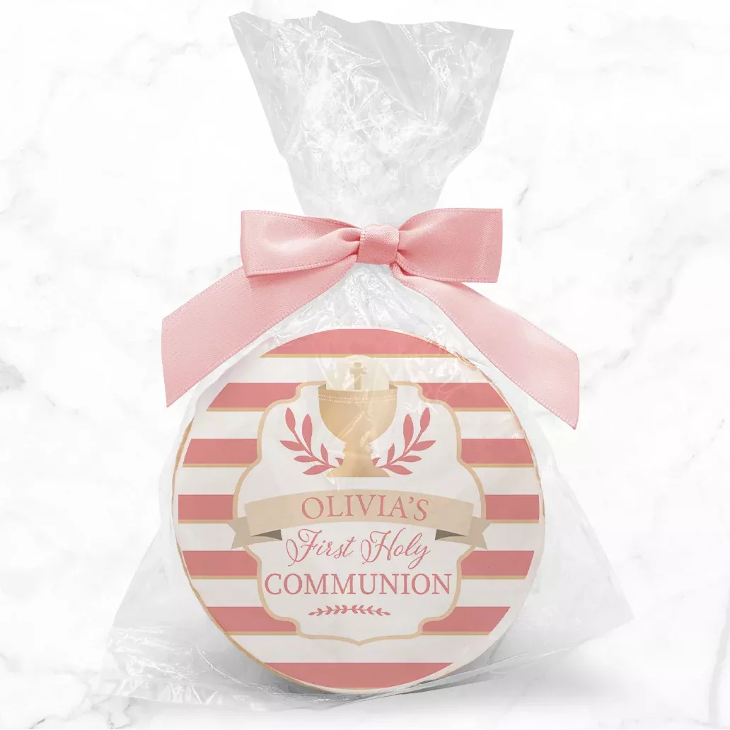 Pink Stripes Communion - Personalized Direct Print On Round Sugar Cookie w/ Gift Bag & Matching Bow