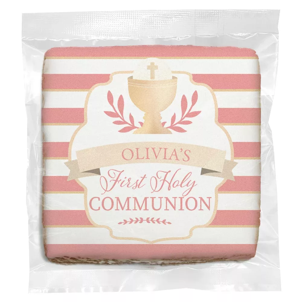 Pink Stripes Communion - Personalized Direct Print on Square Sugar Cookies