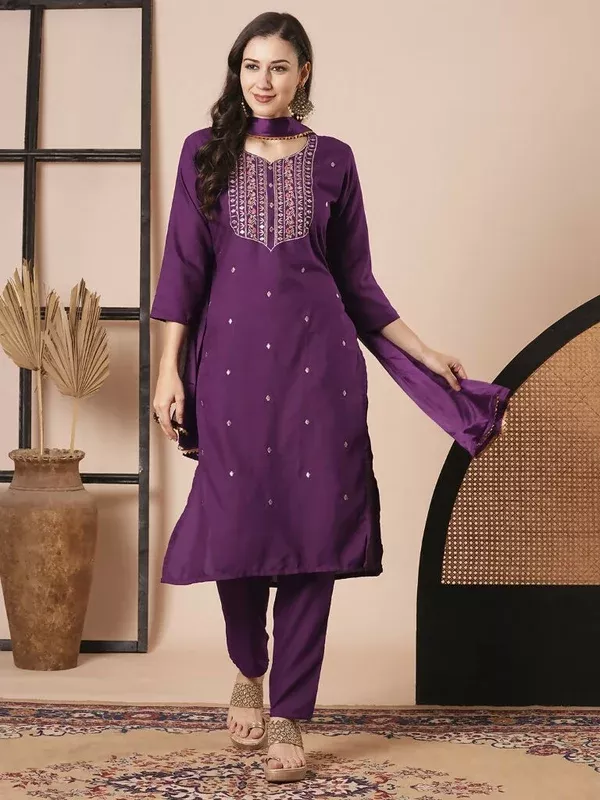 Purple Rayon Slub Embroidery Work Kurta Set - Riya - S