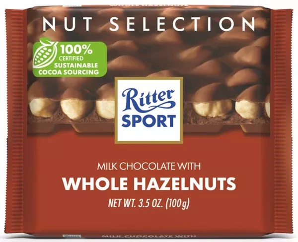 Ritter Sport Milk Chocolate with Whole Hazelnuts, 100g