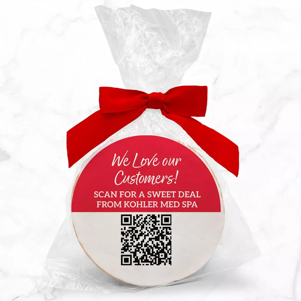 Scan for Message + QR CODE- Personalized Direct Print On Round Sugar Cookie w/ Gift Bag & Matching Bow