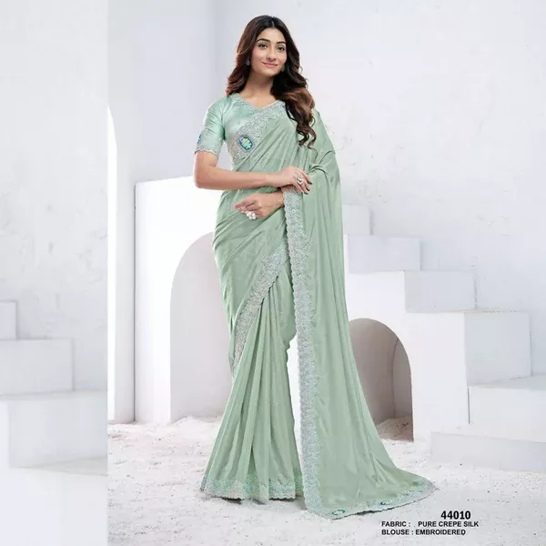 Sea Green Pure Crepe Silk Dual Sequence With Applic Work Saree With Unstitched Blouse - Norita Swaraa