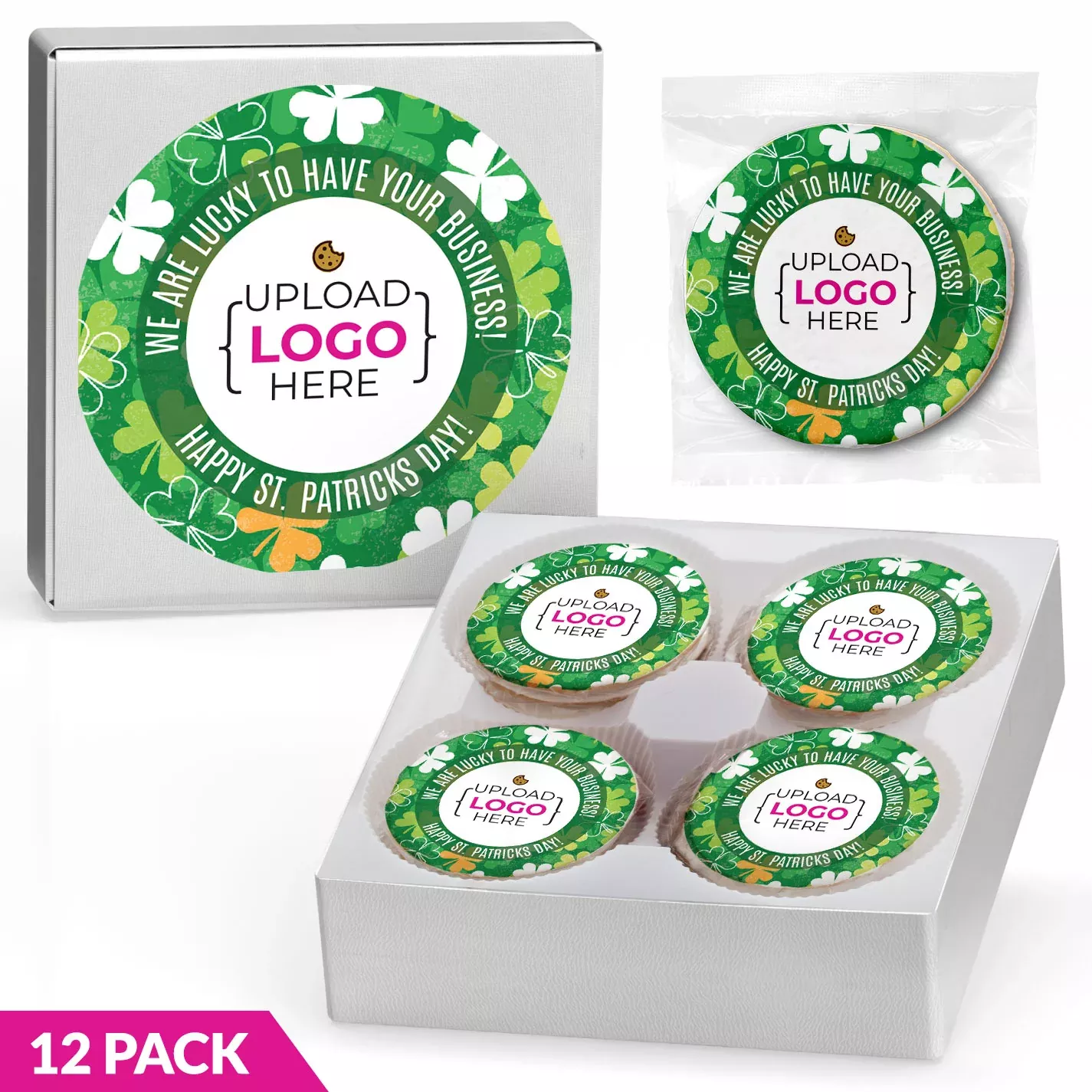 Shamrock Pattern Logo Upload - Personalized Direct Print on Round Sugar Cookie Gift Box