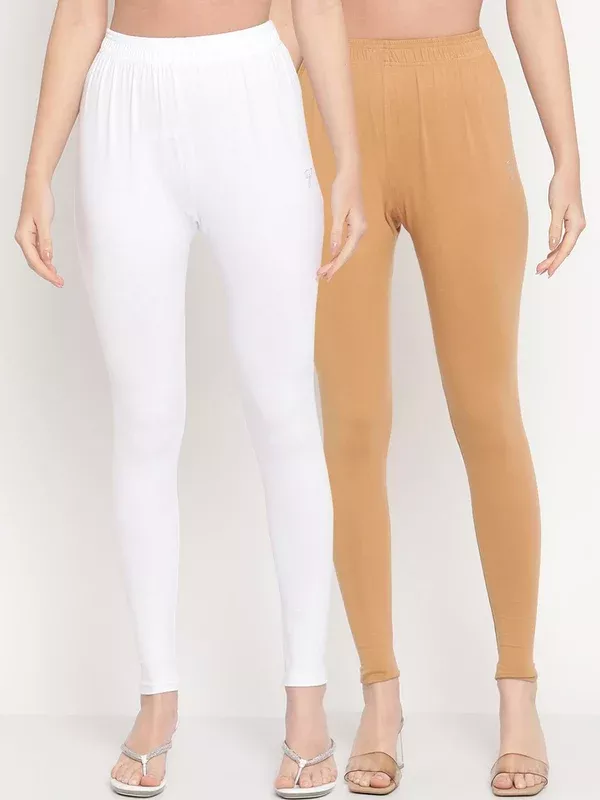 TAG 7 Pack of 2 White & Beige Solid Comfort-Fit Ankle-Length Leggings - S