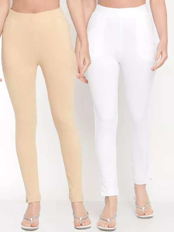 TAG 7 Set Of 2 Beige & White Solid Leggings - 28