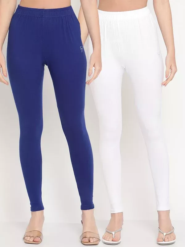 TAG 7 Women Pack Of 2 White & Blue Solid Ankle-Length Leggings - S