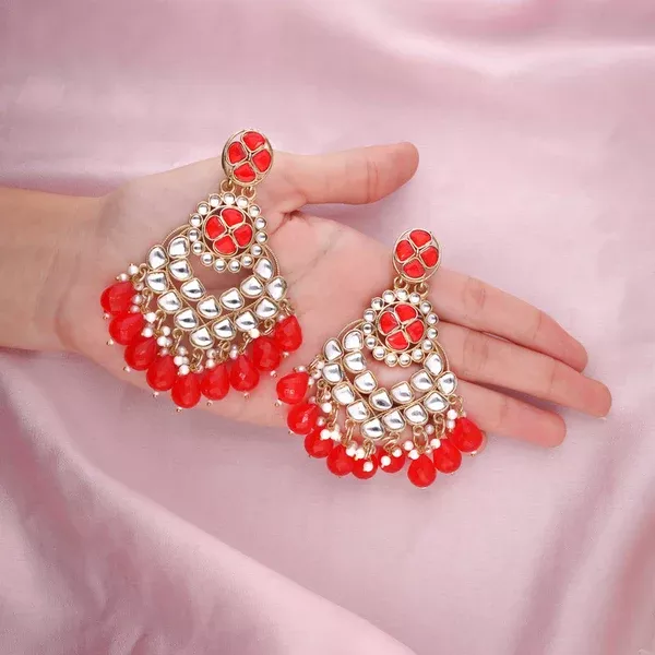Tehzeeb Creations Gold Polish Kundan Red Colour Earrings