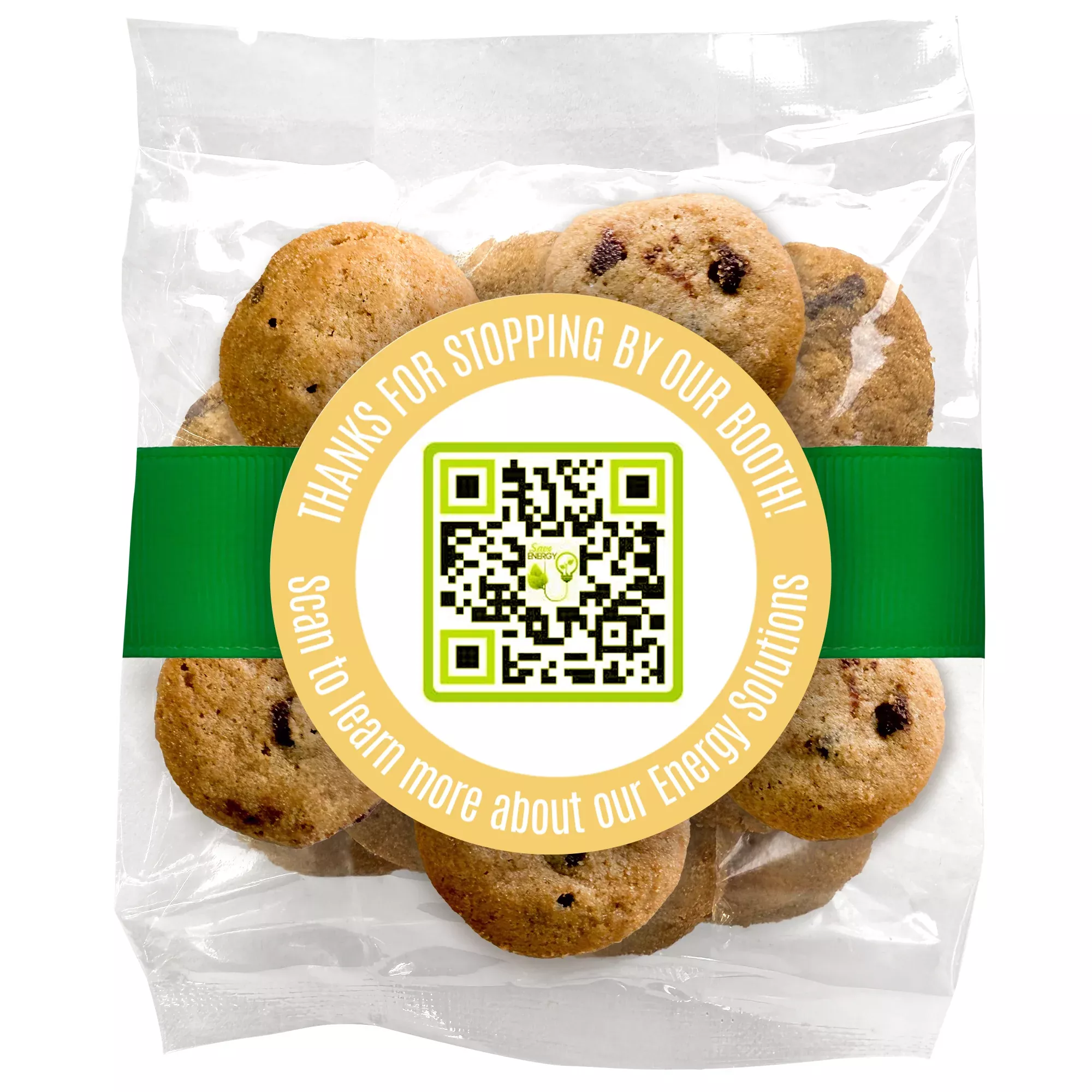 Tradeshow QR CODE Upload & Message - Chocolate Chip Mini Cookies (2 oz) W/ Full Color Custom Sticker & Ribbon