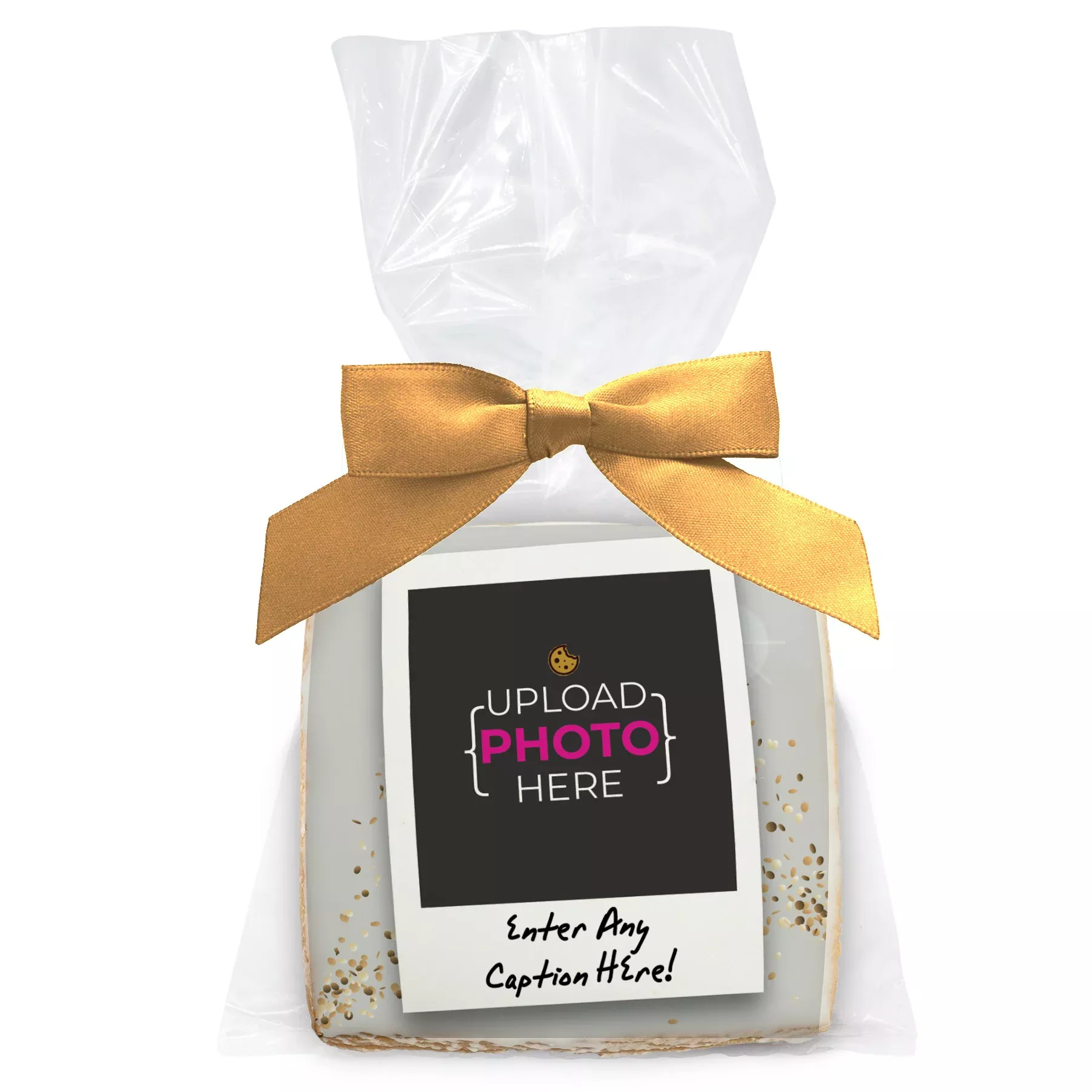 Upload your Own Photo Polaroid & Caption - Personalized Direct Print On Square Sugar Cookie w/ Gift Bag & Matching Bow