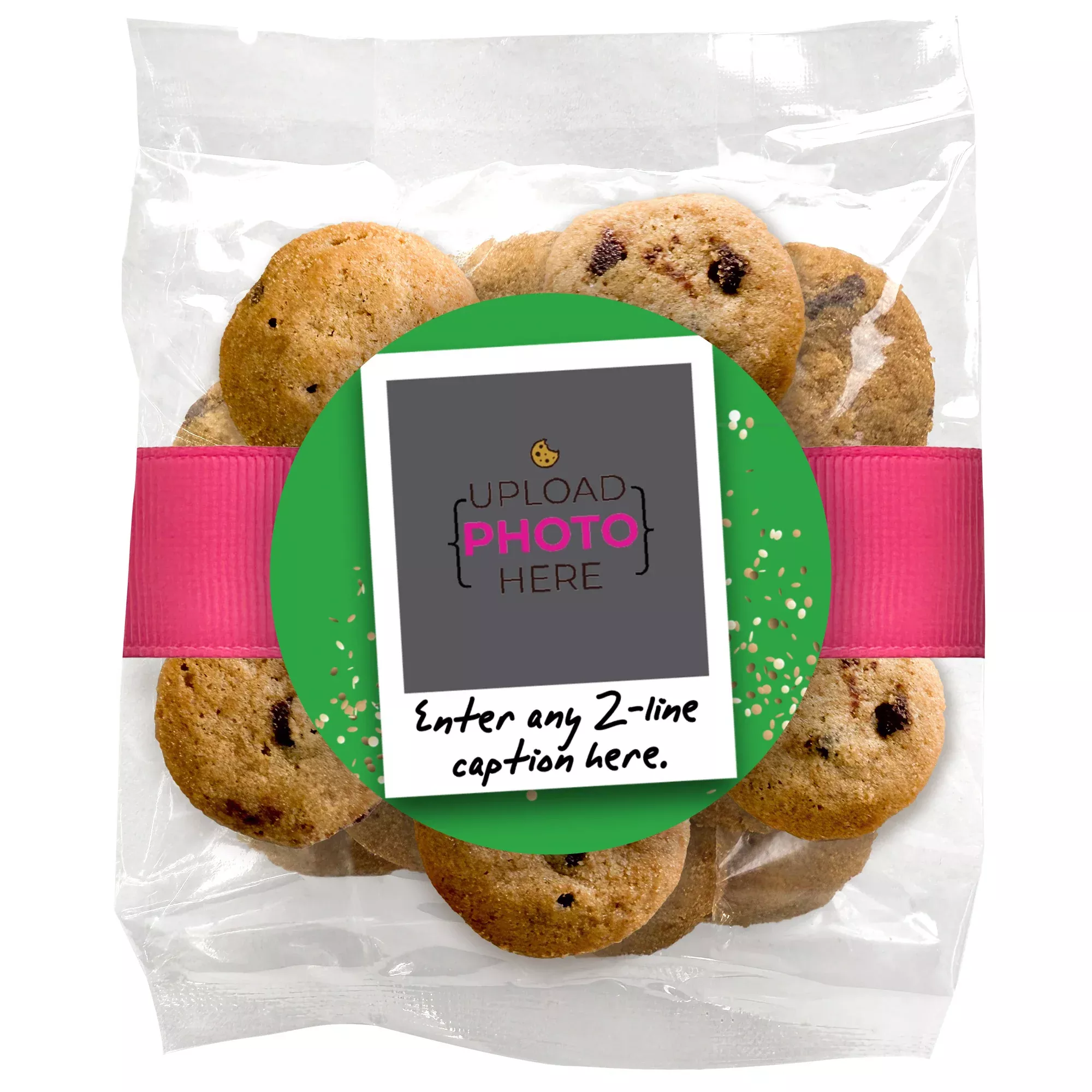 Upload your Own Photo w/ Color Choice Birthday Polaroid & Caption - Chocolate Chip Mini Cookies (2 oz) W/ Full Color Custom Sticker & Ribbon