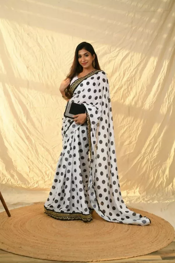 Vamsee Polka Dot Black & White Nylon Saree