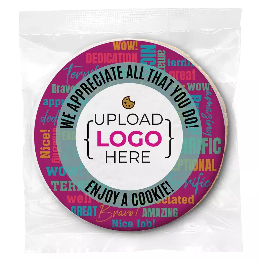 Write your own Appreciation Words Logo Upload - Personalized Direct Print On Round Sugar Cookie w/ Matching Personalized Favor Box, Sticker & Bow Choice