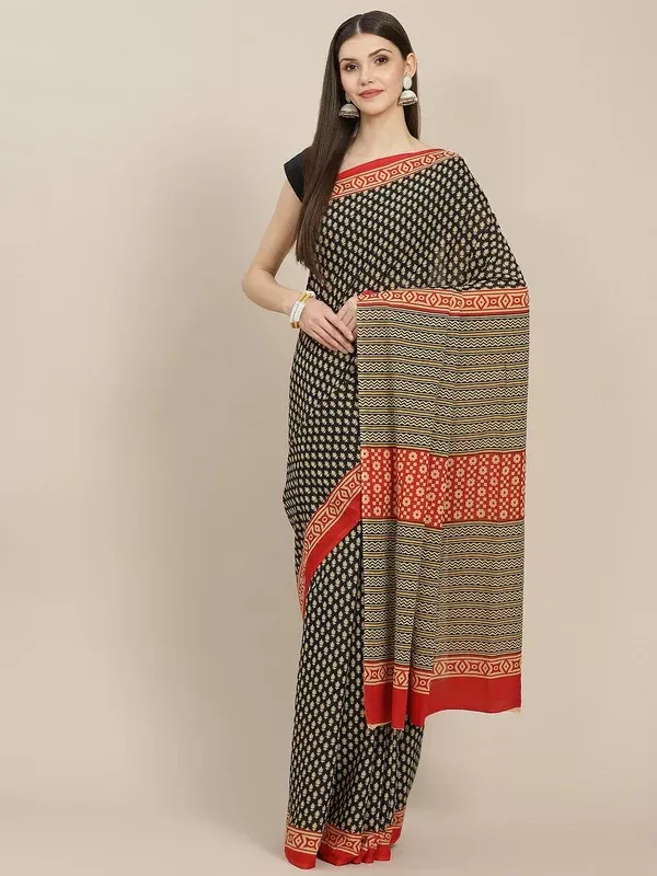 Yufta Black Printed Saree - One Size